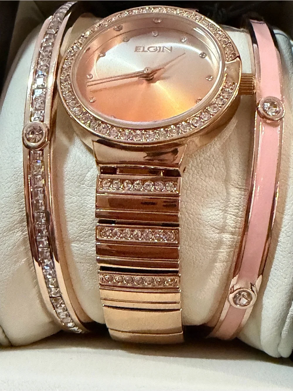 Elgin Women's Rose Gold Crystal Accent Watch and Bracelet Set - Rose - Picture 5 of 6